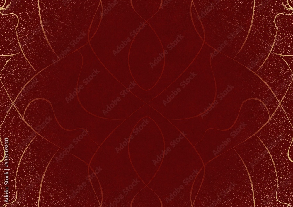 Hand-drawn unique abstract ornament. Light red on a deep red background, with vignette of same pattern and splatters in golden glitter. Paper texture. Digital artwork, A4. (pattern: p08-1a)