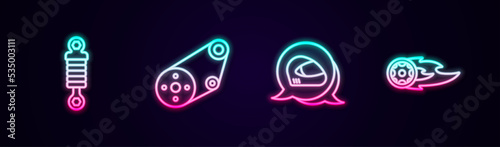 Set line Shock absorber, Timing belt kit, Racing helmet and Wheel fire flame. Glowing neon icon. Vector