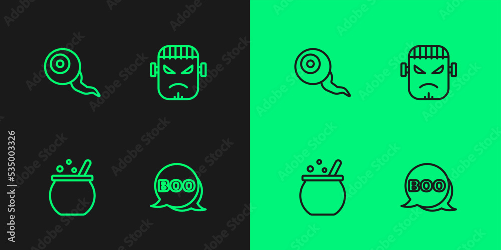 Set line Boo speech bubble, Halloween witch cauldron, Eye and Frankenstein face icon. Vector