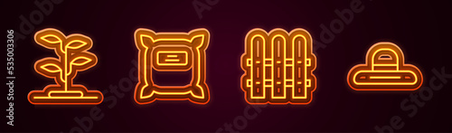 Set line Sprout, Pack full of seeds, Garden fence wooden and Farmer worker hat. Glowing neon icon. Vector