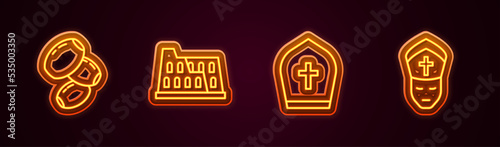 Set line Olives, Coliseum, Pope hat and . Glowing neon icon. Vector