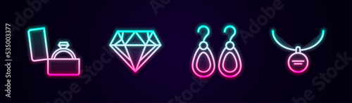 Set line Diamond engagement ring in box, Earrings and Locket necklace. Glowing neon icon. Vector
