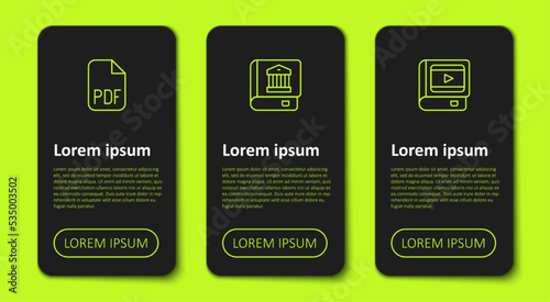 Set line PDF file document, Law book and Book about cinema. Business infographic template. Vector