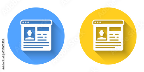 White Resume icon isolated with long shadow background. CV application. Searching professional staff. Analyzing personnel resume. Circle button. Vector