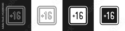 Set Plus 16 movie icon isolated on black and white background. Adult content. Sixteen plus icon. Censored business concept. Vector