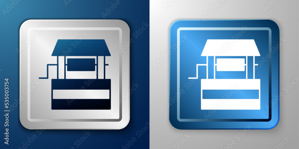 White Well icon isolated on blue and grey background. Silver and blue square button. Vector White Well icon isolated on blue and grey background. Silver and blue square button. Vector