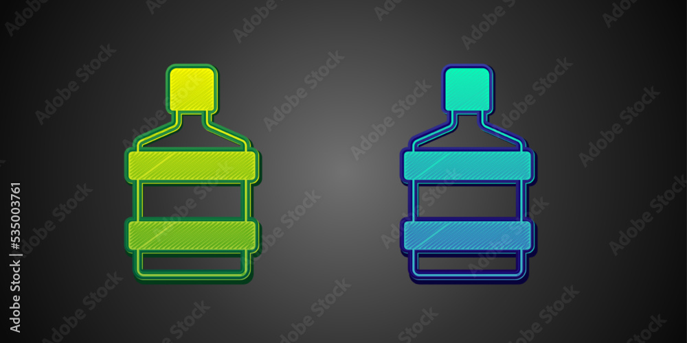 Green and blue Big bottle with clean water icon isolated on black background. Plastic container for the cooler. Vector Green and blue Big bottle with clean water icon isolated on black background. Plastic container for the cooler. Vector