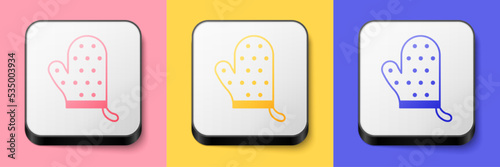 Isometric Oven glove icon isolated on pink, yellow and blue background. Kitchen potholder sign. Cooking glove. Square button. Vector
