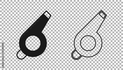 Black Whistle icon isolated on transparent background. Referee symbol. Fitness and sport sign. Vector