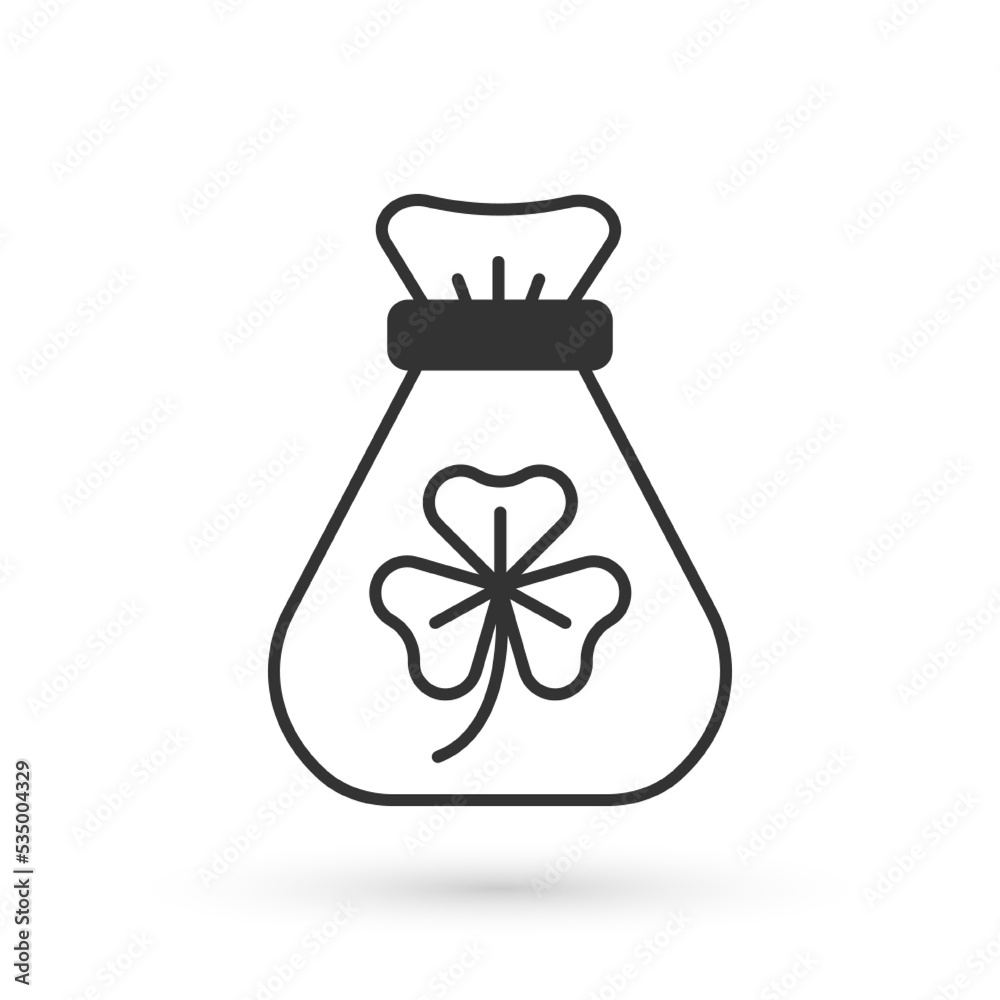 Grey Money bag with clover trefoil leaf icon isolated on white background. Happy Saint Patricks day. National Irish holiday. Vector Grey Money bag with clover trefoil leaf icon isolated on white background. Happy Saint Patricks day. National Irish holiday. Vector