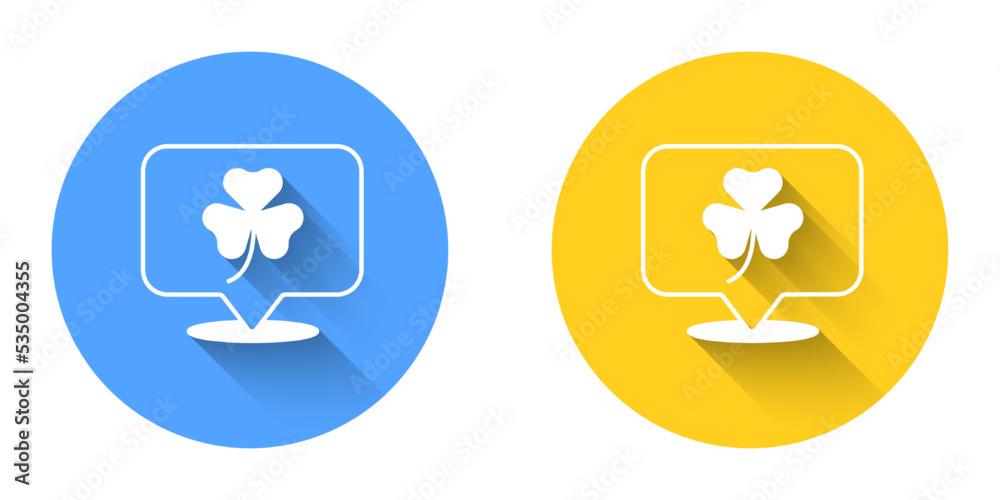 White Clover trefoil leaf icon isolated with long shadow background. Happy Saint Patricks day. National Irish holiday. Circle button. Vector