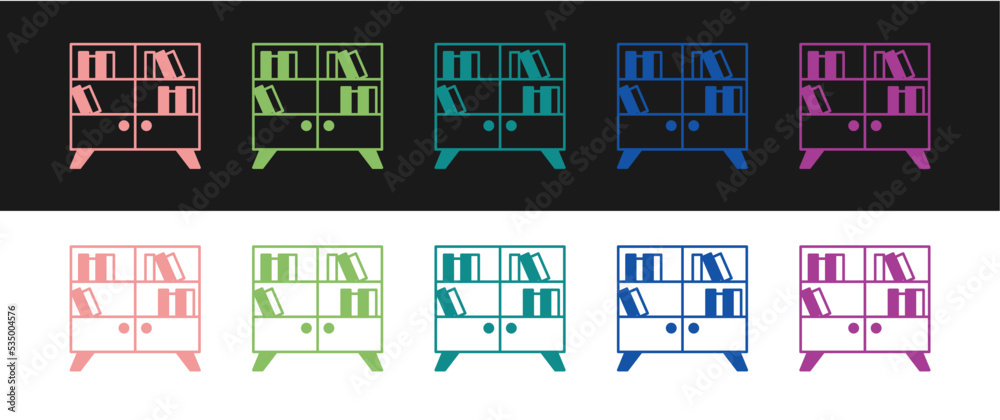 Set Library bookshelf icon isolated on black and white background. Vector