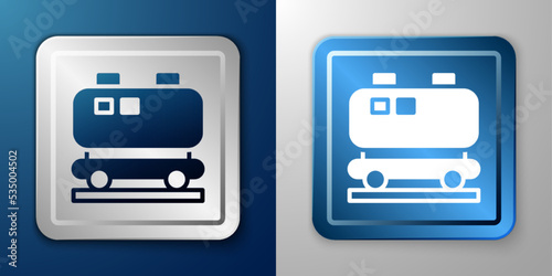White Oil railway cistern icon isolated on blue and grey background. Train oil tank on railway car. Rail freight. Oil industry. Silver and blue square button. Vector
