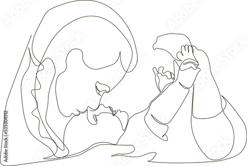 Abstract mother with baby in continuous one line drawing style. Mother's Day card. A woman hugs and kisses her child. The concept of happy motherhood. Modern illustration