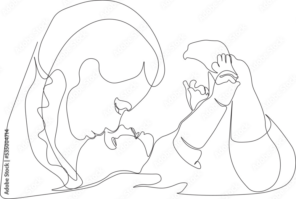 Abstract mother with baby in continuous one line drawing style. Mother's Day card. A woman hugs and kisses her child. The concept of happy motherhood. Modern illustration
