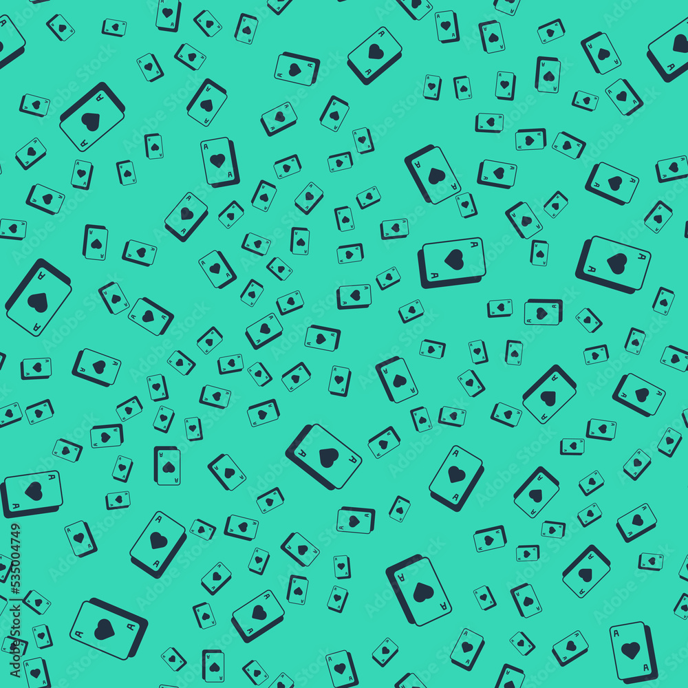 Black Playing cards icon isolated seamless pattern on green background. Casino gambling. Vector Black Playing cards icon isolated seamless pattern on green background. Casino gambling. Vector