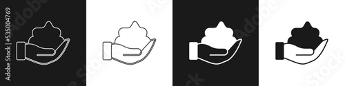 Set Shaving gel foam on hand icon isolated on black and white background. Shaving cream. Vector