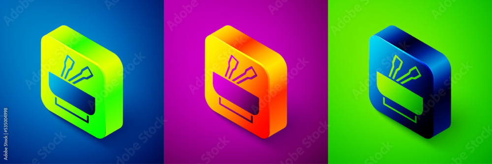 Isometric Asian noodles in bowl and chopsticks icon isolated on blue, purple and green background. Street fast food. Korean, Japanese, Chinese food. Square button. Vector Isometric Asian noodles in bowl and chopsticks icon isolated on blue, purple and green background. Street fast food. Korean, Japanese, Chinese food. Square button. Vector