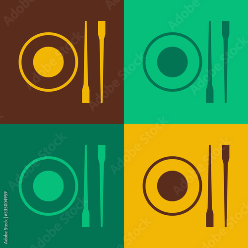 Pop art Food chopsticks with plate icon isolated on color background. Wooden Korean sticks for Asian dishes. Oriental utensils. Vector