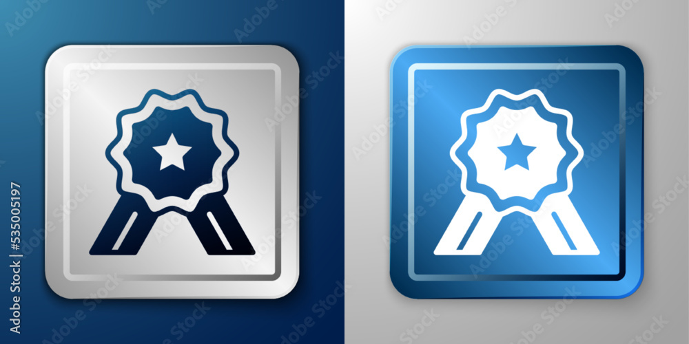 White Five stars customer product rating review icon isolated on blue and grey background. Favorite, best rating, award symbol. Silver and blue square button. Vector