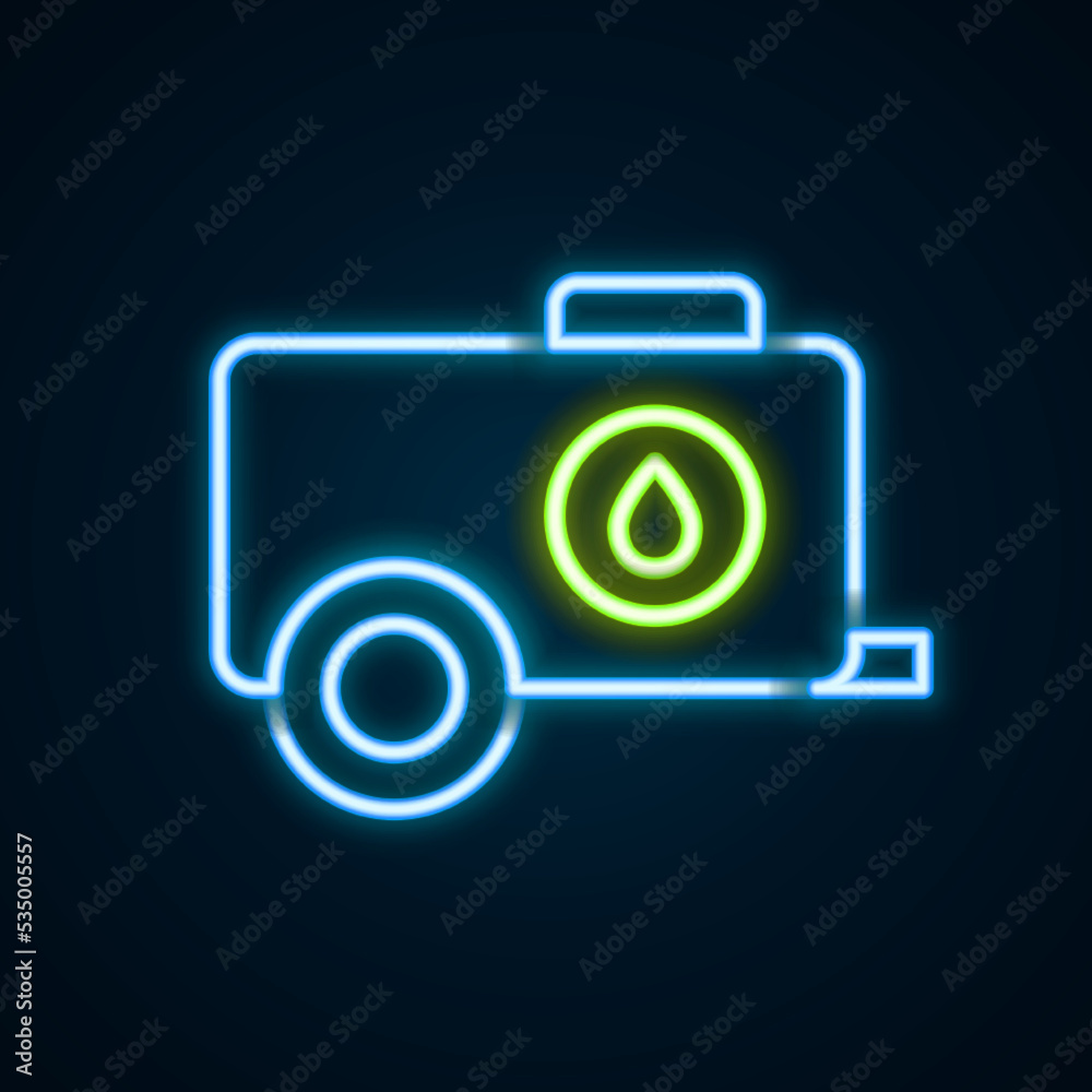 Glowing neon line Mobile water tank - bowser icon isolated on black background. Water tank delivering water. Colorful outline concept. Vector Glowing neon line Mobile water tank - bowser icon isolated on black background. Water tank delivering water. Colorful outline concept. Vector