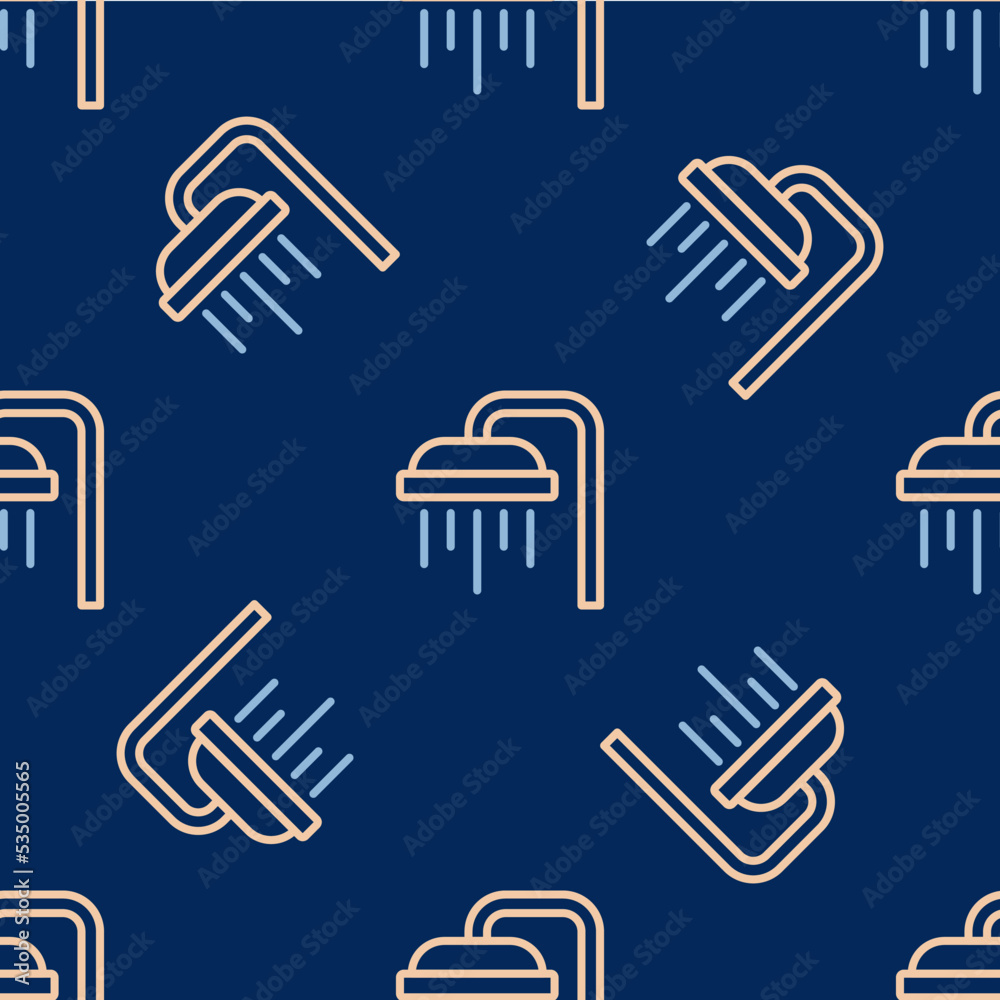 Line Shower head with water drops flowing icon isolated seamless pattern on blue background. Vector Line Shower head with water drops flowing icon isolated seamless pattern on blue background. Vector