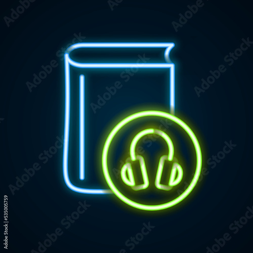 Glowing neon line Audio book icon isolated on black background. Book with headphones. Audio guide sign. Online learning concept. Colorful outline concept. Vector