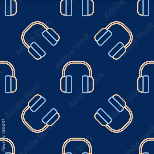 Line Noise canceling headphones icon isolated seamless pattern on blue background. Headphones for ear protection from noise. Vector