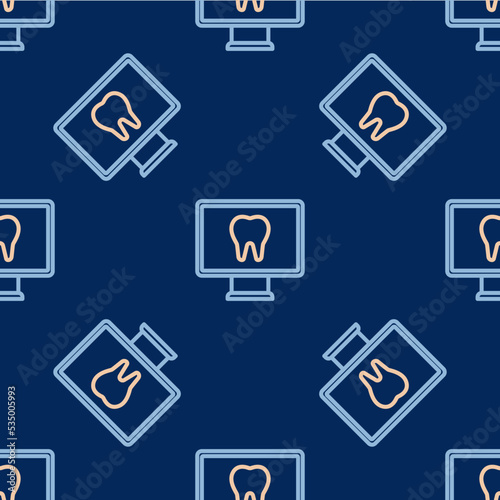 Line Online dental care icon isolated seamless pattern on blue background. Dental service information call center. Vector