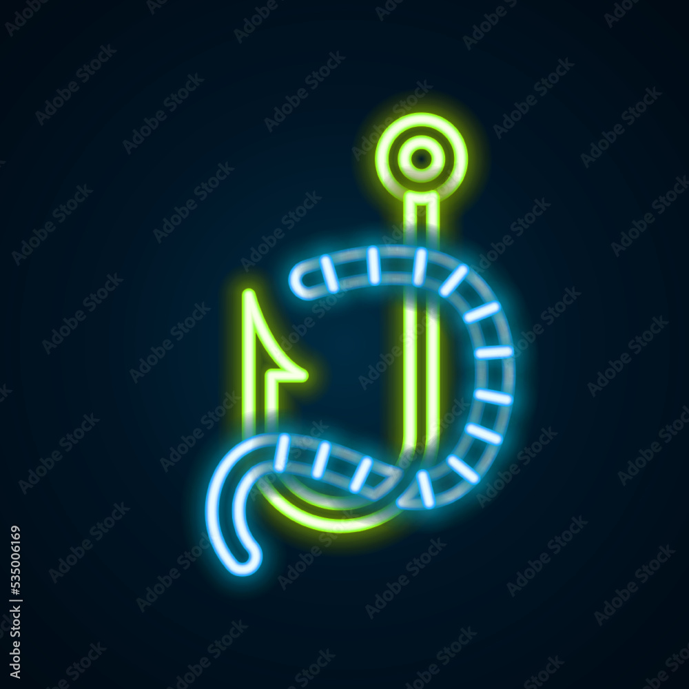 Glowing neon line Fishing hook and worm icon isolated on black background. Fishing tackle. Colorful outline concept. Vector Glowing neon line Fishing hook and worm icon isolated on black background. Fishing tackle. Colorful outline concept. Vector