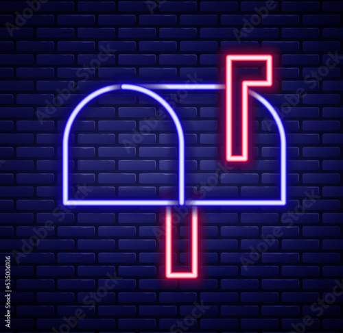 Fototapeta Glowing neon line Mail box icon isolated on brick wall background