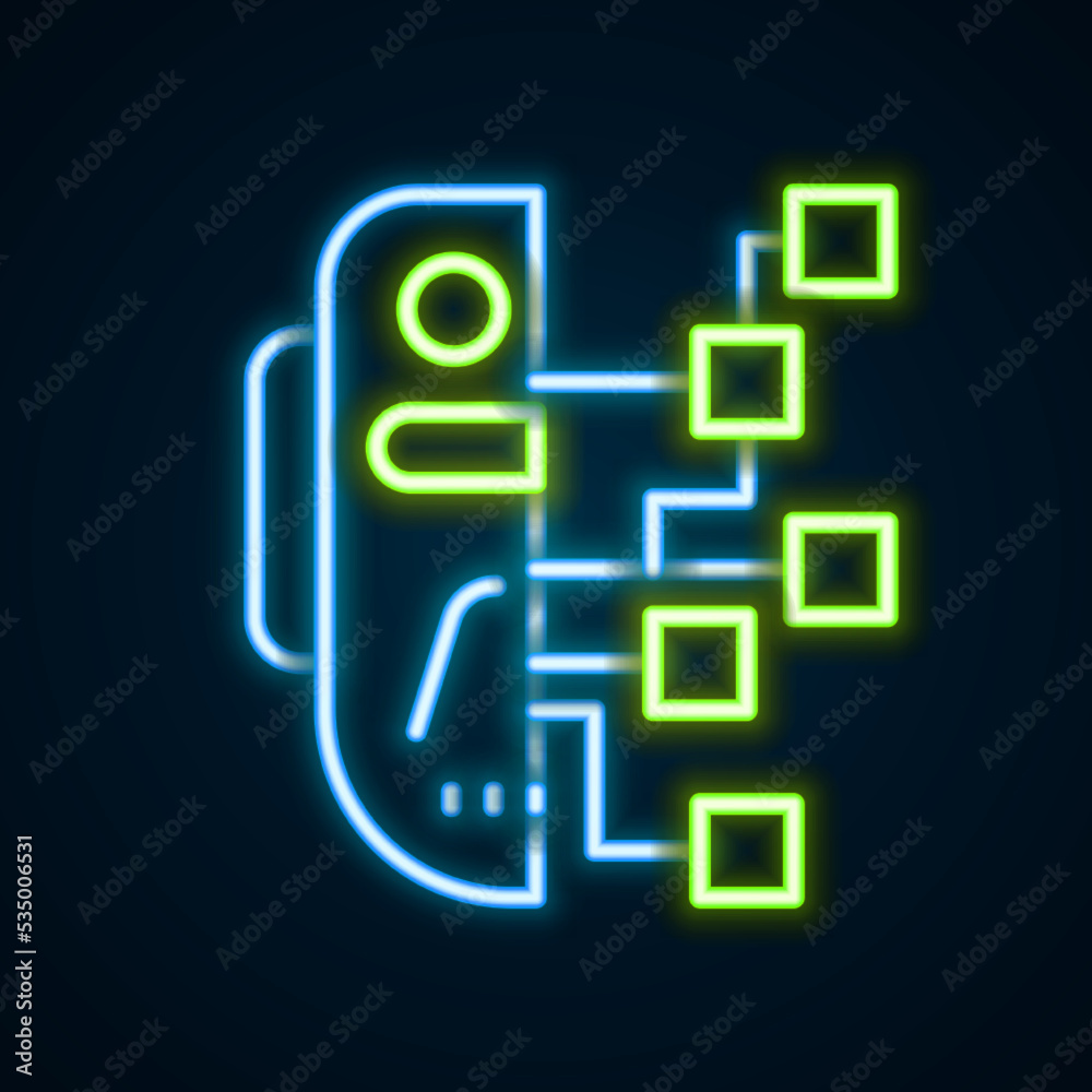 Glowing neon line Humanoid robot icon isolated on black background. Artificial intelligence, machine learning, cloud computing. Colorful outline concept. Vector Glowing neon line Humanoid robot icon isolated on black background. Artificial intelligence, machine learning, cloud computing. Colorful outline concept. Vector