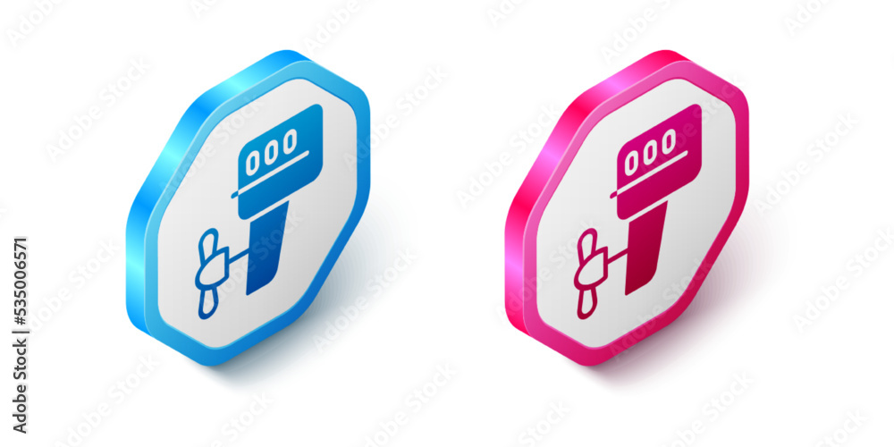 Isometric Outboard boat motor icon isolated on white background. Boat engine. Hexagon button. Vector Isometric Outboard boat motor icon isolated on white background. Boat engine. Hexagon button. Vector