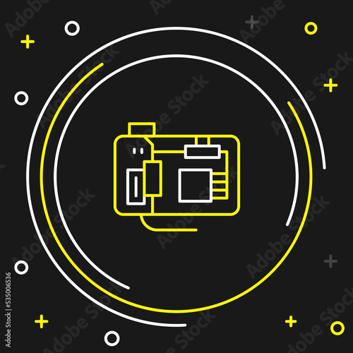 Line Electronic computer components motherboard digital chip integrated science icon isolated on black background. Circuit board. Colorful outline concept. Vector