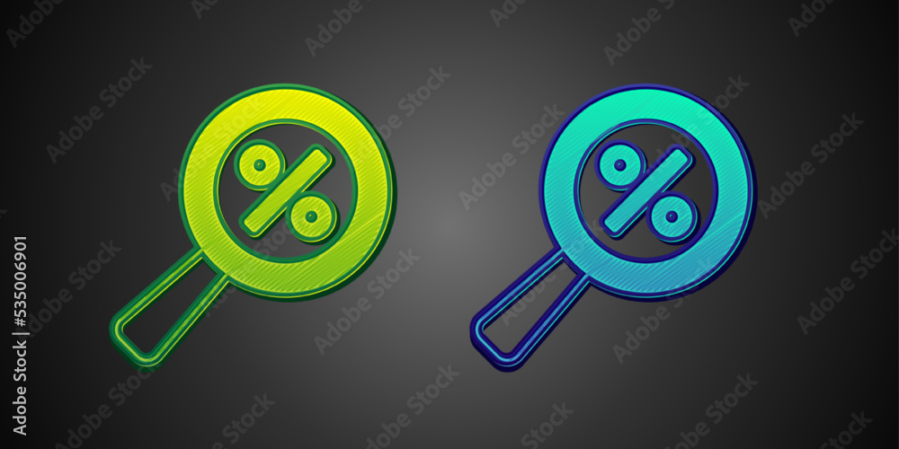 Green and blue Magnifying glass with percent discount icon isolated on black background. Discount offers searching. Search for discount sale sign. Vector Green and blue Magnifying glass with percent discount icon isolated on black background. Discount offers searching. Search for discount sale sign. Vector