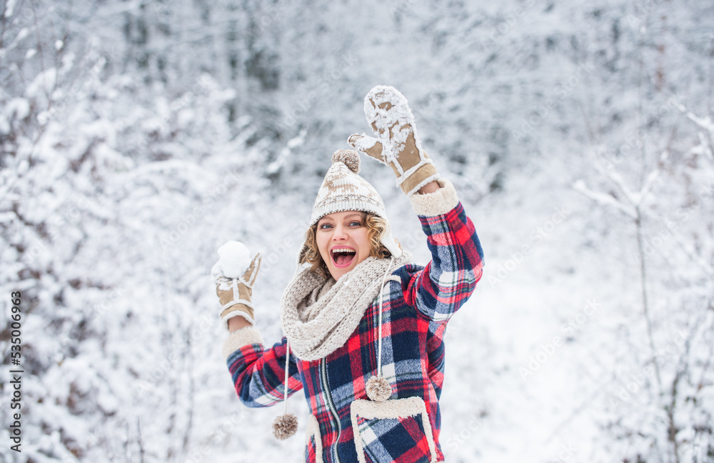 You are next. girl relax in snowy forest. female casual style. my favorite season. happy weather. full of energy. winter holiday and vacation. best place to feel freedom. woman enjoy winter landscape