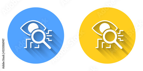White Eye scan icon isolated with long shadow background. Retinal scan. Scanning eye. Security check symbol. Cyber eye sign. Circle button. Vector