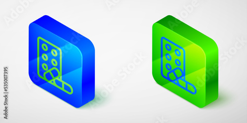 Isometric line Sports doping, anabolic drugs with dumbbell icon isolated on grey background. Anabolic steroids tablet. Pills in jar. Blue and green square button. Vector