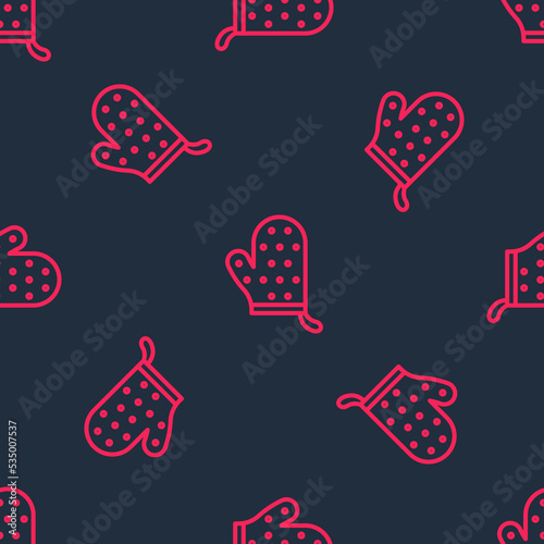 Red line Oven glove icon isolated seamless pattern on black background. Kitchen potholder sign. Cooking glove. Vector