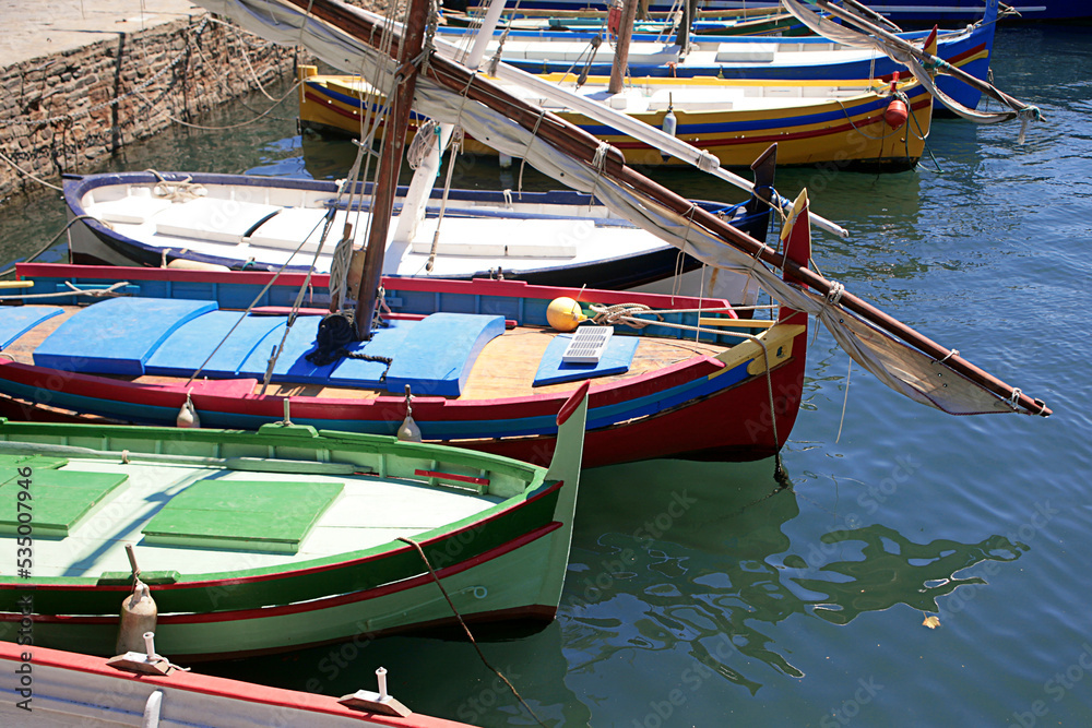 Traditional lateen-rigged fishing craft in harbour at Collioure, Pyrenees-Orientales, Occitanie, France