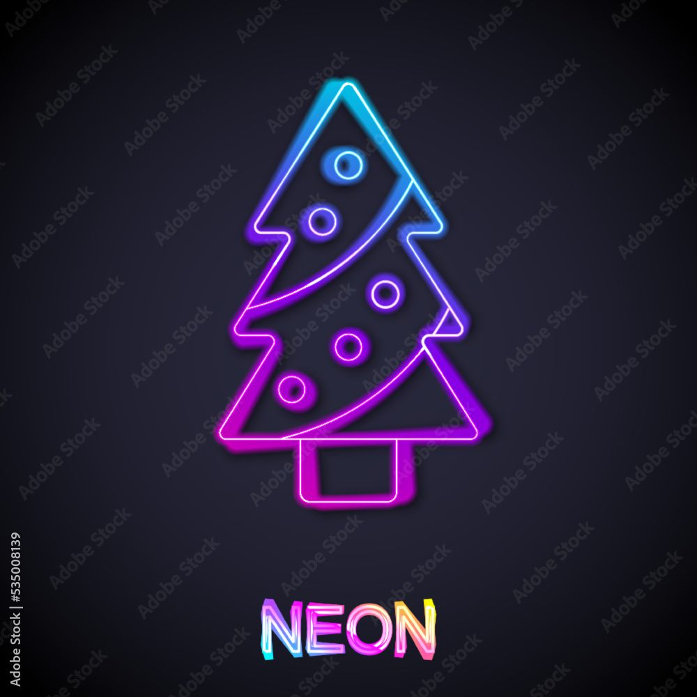 Glowing neon line Christmas tree with decorations icon isolated on black background. Merry Christmas and Happy New Year. Vector Glowing neon line Christmas tree with decorations icon isolated on black background. Merry Christmas and Happy New Year. Vector