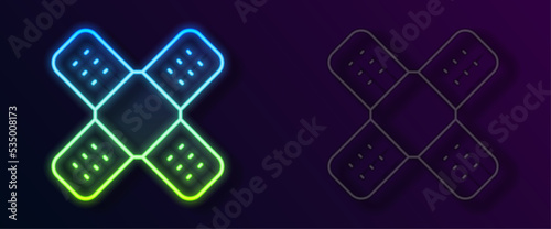 Glowing neon line Crossed bandage plaster icon isolated on black background. Medical plaster, adhesive bandage, flexible fabric bandage. Vector