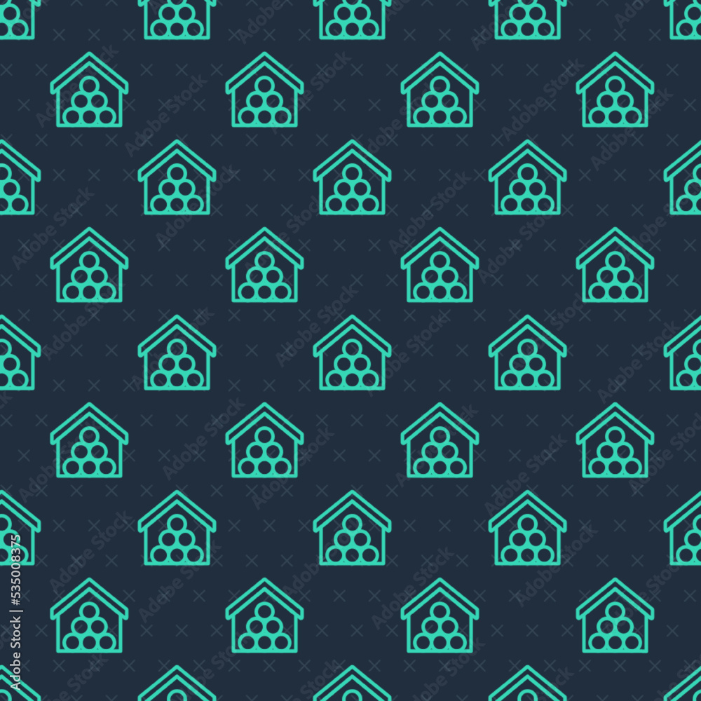 Green line Wooden logs icon isolated seamless pattern on blue background. Stack of firewood. Vector