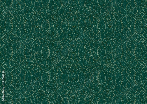 Hand-drawn unique abstract symmetrical seamless gold ornament and splatters of golden glitter on a dark cold green background. Paper texture. Digital artwork, A4. (pattern: p08-1c)