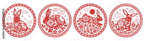Chinese zodiac rabbits labels. Red rounds emblems with astrological animals, silhouette patterned bunnies with flowers, clouds and sun, 2023 new year asian symbols, tidy vector isolated set