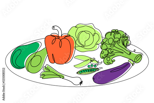 One line vegetables composition. Natural plant cooking raw ingredients. Healthy vegan nutrition. Hand drawn pepper avocado and eggplant. Vitamin fresh vegetarian product. Vector illustration