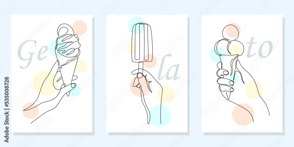 One line ice cream. Outline cold frozen dessert and fruit sundae, sweet milk frozen balls in cone. Tasty food poster collection. Delicious summer meal. Simple drawing color circles vector set