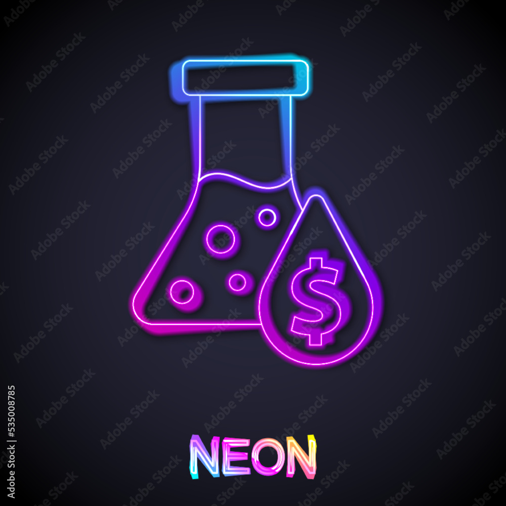 Glowing neon line Oil petrol test tube icon isolated on black background. Cmemistry flask and falling drop. Vector Glowing neon line Oil petrol test tube icon isolated on black background. Cmemistry flask and falling drop. Vector