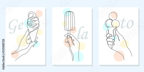 One line ice cream. Outline cold frozen dessert and fruit sundae, sweet milk frozen balls in cone. Tasty food poster collection. Delicious summer meal. Simple drawing color circles vector set