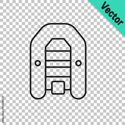 Black line Inflatable boat with outboard motor icon isolated on transparent background. Vector